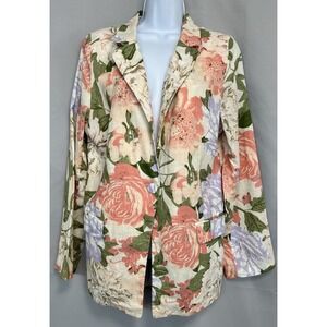 Joie Women 100 % Linen Cream‎ Coral Lilac Floral Linen Blazer Summer Sz Large